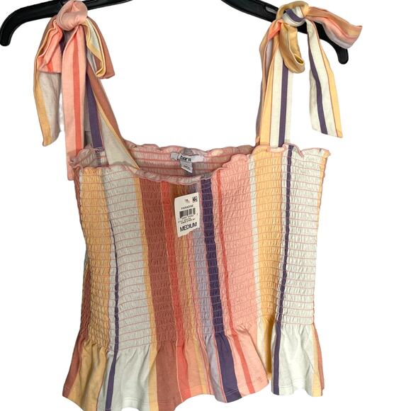 Bar III Striped Cotton Smocked Peplum Tie-Strap Sherbet Stripe My Peach Medium - Picture 2 of 7
